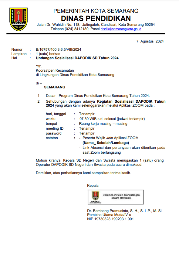 Undangan Sosialisasi DAPODIK SD Tahun 2024